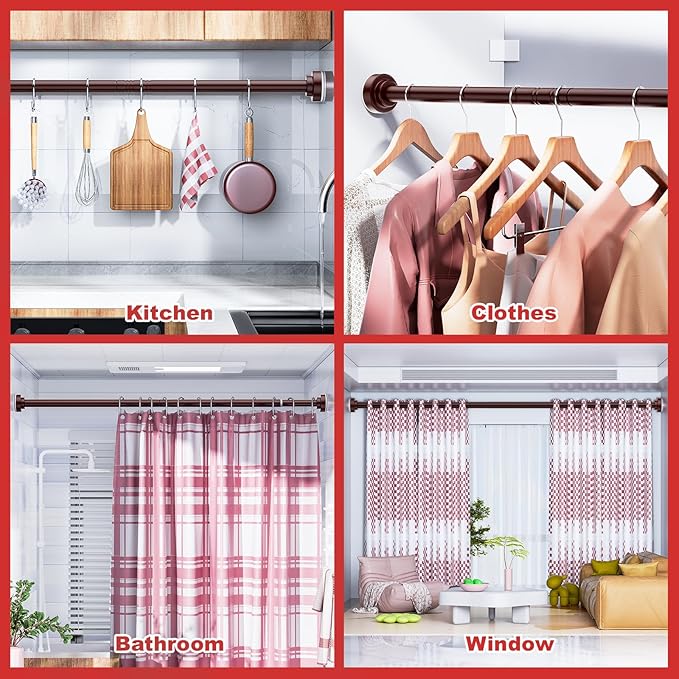 Ausemku Shower Curtain Rod - 32-104 Inch Rustproof Tension Rod, Non-Slip Spring Design, No Drilling Adjustable Curtain Rod for Bathroom, Kitchen, and Closet（Brown）