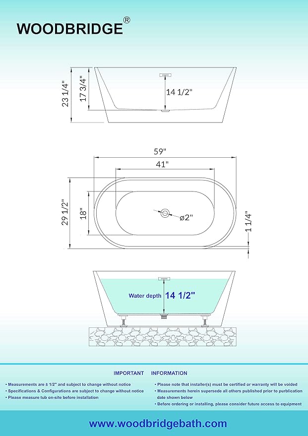 WOODBRIDGE 59" Acrylic Freestanding Bathtub Contemporary Soaking White Tub with Brushed Nickel Overflow and Drain,B0014 -B/N-Drain &O