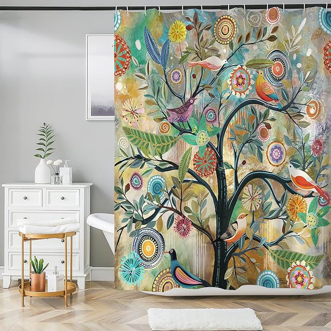 Bohemian Shower Curtain, Boho Floral Print Water Repellent Polyester Fabric for Bathroom Decor, 72×72 Inch Standard Size with 12 Hooks, Also as Room Divider
