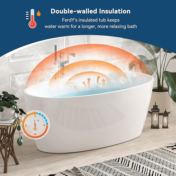 FerdY Tahiti 59" Acrylic Freestanding Bathtub, Elegant Oval Shape Bathtub, Glossy White, Polished White Drain & Integrated Slotted Overflow Assembly Included cUPC Certified