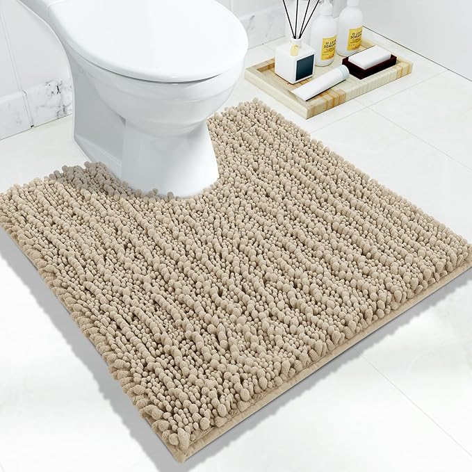 Yimobra Toilet Rug U Shaped Washable 24x24 Inch - Ultra Soft Absorbent Chenille Bath Rugs for Toilet, Quick Dry & Machine Washable, Non Slip Contour Bathroom Mat, Pale Khaki