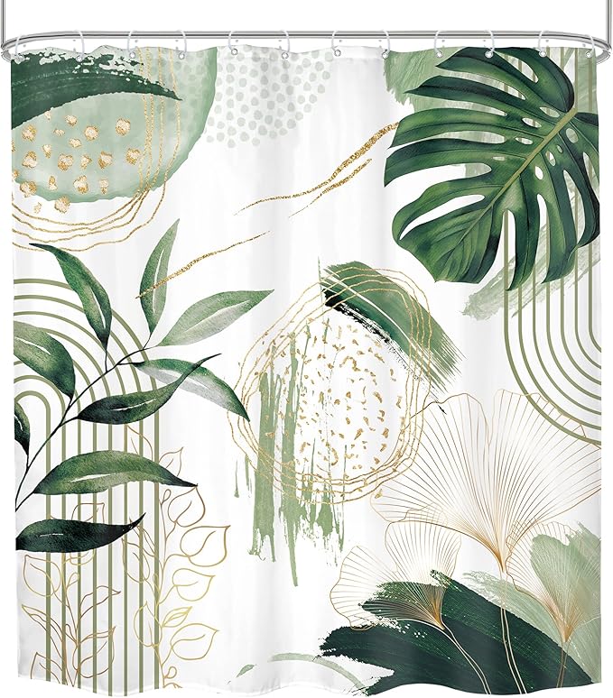 Sage Green Boho Shower Curtain 72Wx78H Mid Century Modern Tropical Palm Leaves Plant Abstract Bohemian Geometric Arch Bathroom Decor Botanical Bath Curtain Fabric Polyester 12 Pack Hooks