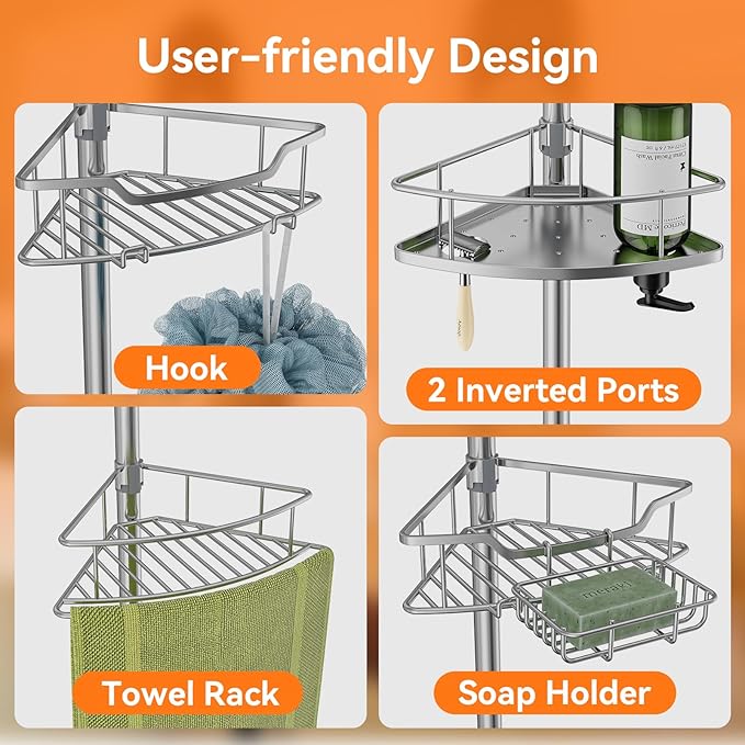 Corner Shower Caddy Tension Pole Rustproof, 4 Tier Adjustable Shower Organizer Tension Pole, 25-125 Inch Bathroom Shower Organizer for Bathtub Shampoo Storage, Silver