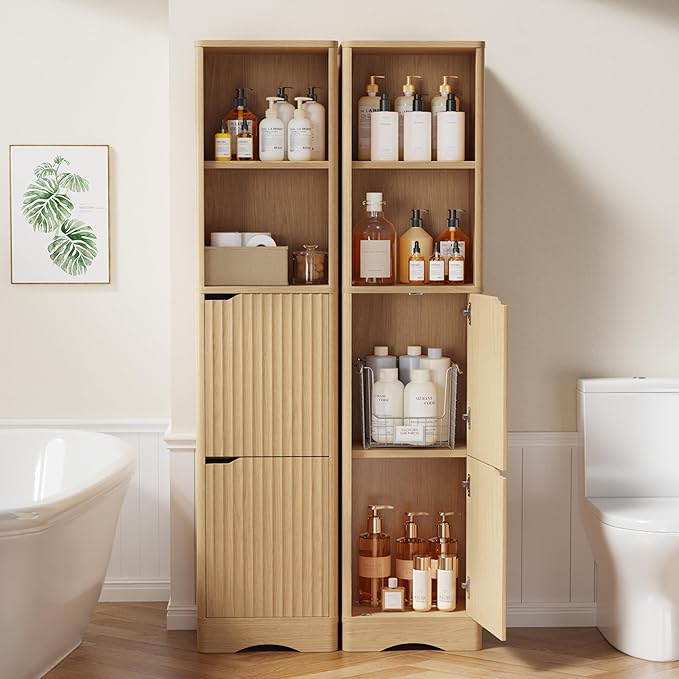 67" Tall Bathroom Organizer and Storage, Narrow Storage Cabinet with 2 Doors and 4 Shelves, Freestanding Floor Storage Unit,15.7" W x 11.8" D x 66.9" H, Nature