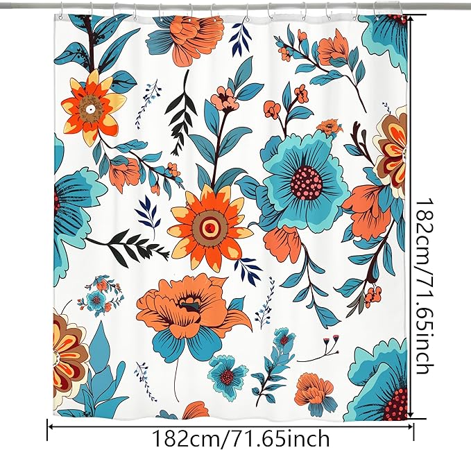 Bohemian Shower Curtain, Boho Floral Print Water Repellent Polyester Fabric for Bathroom Decor, 72×72 Inch Standard Size with 12 Hooks, Also as Room Divider