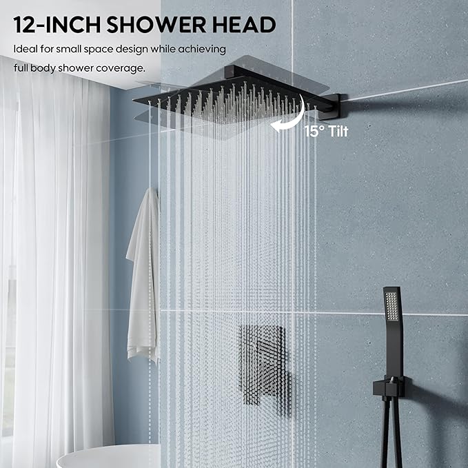 WELLFOR 12-In Wall Mounted Rain Shower Faucet with Single Handle and Handheld Spray, Waterfall Dual Head Shower Head System with 2-way Diverter, Pressure-balanced Valve Included, Matte Black