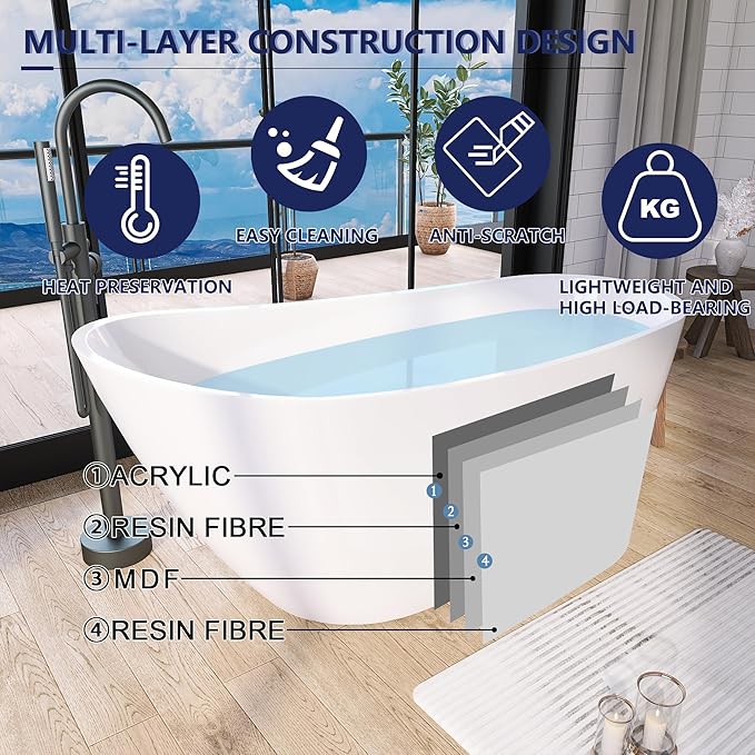 59" Acrylic Free Standing Tub, Stand Alone Tub, Freestanding Bathtub, Soaking Bathtub, cUPC Certified, CM(Glossy White)