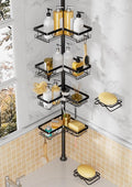 Corner Shower Caddy + 2 Soap Holders, 4 Tier Shower Caddy Tension Pole Stainless Steel Black, Extends 25-114.2 Inches, for Bathroom Organizers and Storage, Renter-Friendly and Gift Idea