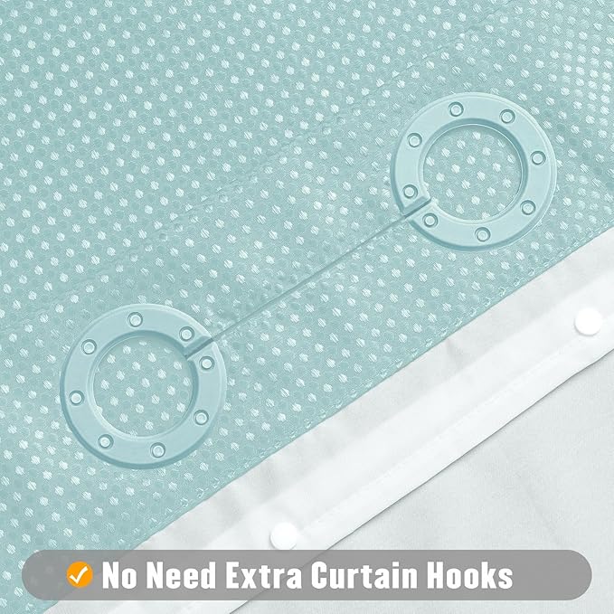 MitoVilla Teal No Hooks Needed Waffle Shower Curtain Liner Set, Turquoise Modern Waffle Weave Heavy Fabric Cloth Shower Curtain with Snap-in Liner for Aqua Luxury Neutral Hotel Spa Bathroom Decor