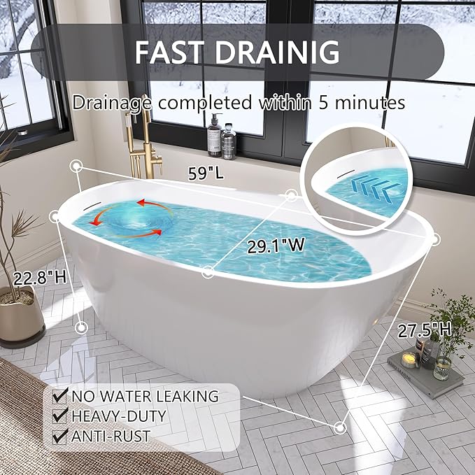 59" Free Standing Tub, Pure Acrylic Freestanding Bathtub, Stylish Stand Alone Contemporary Deep Soaking Bath Tub, cUPC Certified SY9950 (Glossy White)