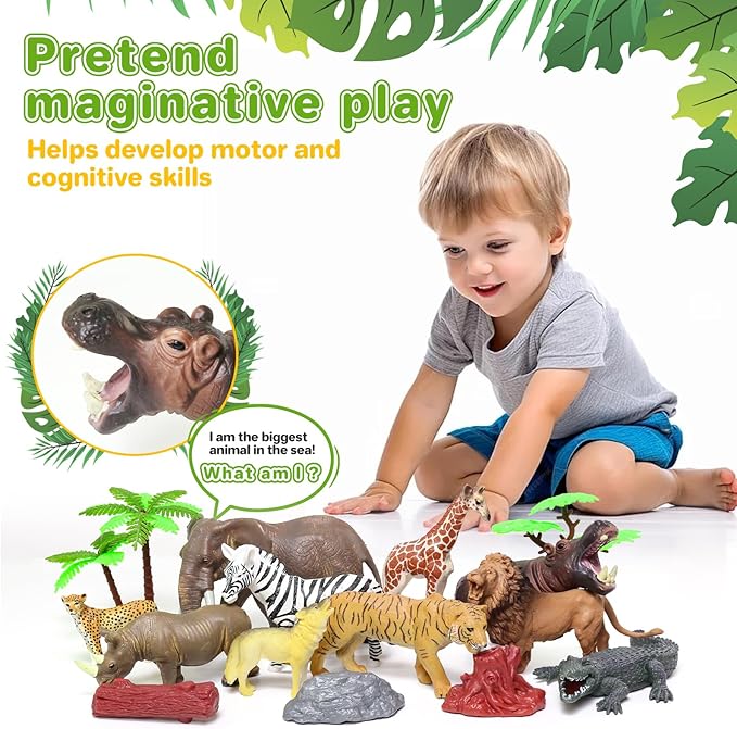 10 Big Realistic Safari Animal Toys for Kids 3-7, Jungle Figures Set with 12 Accessories & Storage Bucket, Educational Plastic Toys