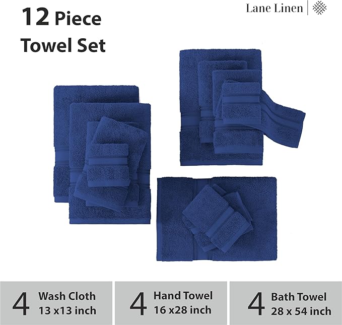 LANE LINEN 100% Mercerized Cotton Towels Set 12 – Zero Twist, 4 Bath Towels, 4 Hand Towel & 4 Washcloths, Stays Plush After Washes, Ideal for Spa, Hotel & Family Bathrooms, Highly Absorbent – Navy
