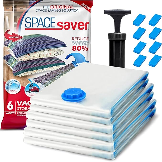 6 Pack Variety Vacuum Storage Bags for Comforters, Blankets & Clothes – Vacuum Sealed Compression Bags with Hand Pump – Space Saver Storage Bags for Bedding,Moving, Travel & Organization (2S, 2M & 2L)