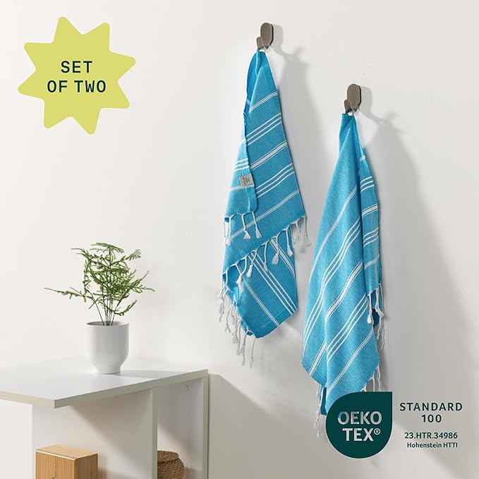 WETCAT Turkish Hand Towels with Hanging Loop, Set of 2 (20" x 30") 100% Turkish Cotton, Pre-Washed, Quick Drying, for Kitchen or Bathroom - Turquoise