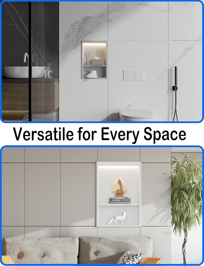 Lighted Shower Niche,Bathroom Wall Niche with LED Light Strip Waterproof,No Tile Needed,Double Shelves Stainless Steel,(Matta White, 18 * 12 * 4 in)