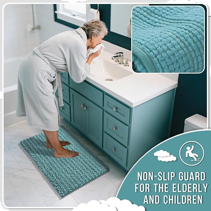 Yimobra Bathroom Rugs Non Slip Washable 32x20 Inch - Ultra Soft Absorbent Chenille Bath Mat, Quick Dry Shaggy Floor Carpet for Tub Shower, Teal Blue Home Decor Accessories