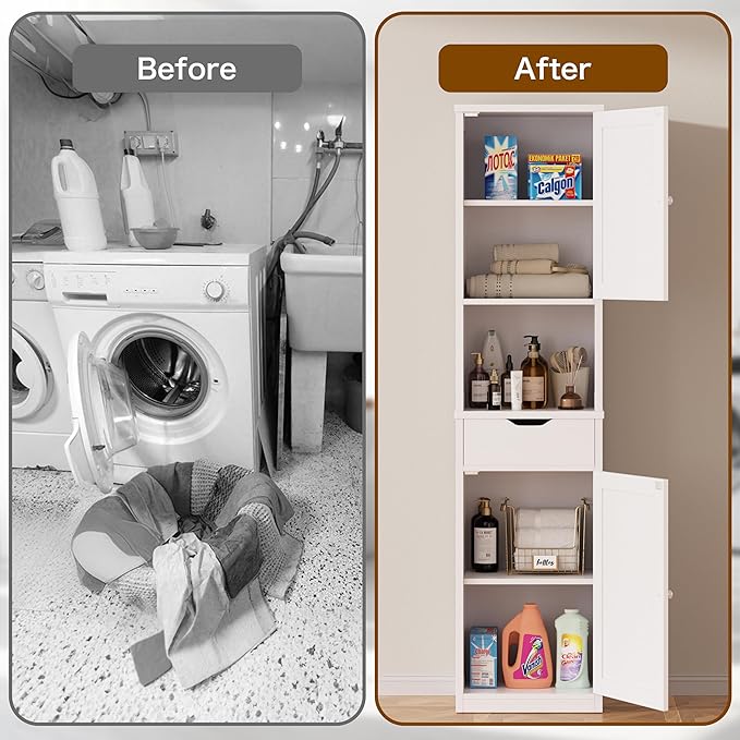 Walsunny Tall Bathroom Storage Cabinet with Freestanding Adjustable Shelves, Narrow Storage Linen Cabinet with 2 Doors and 1 Drawers for Bathroom, Living Room, Kitchen(White)