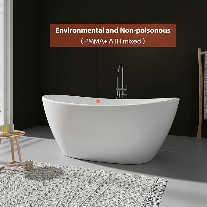 SJ STAR&JANE 61" Solid Surface Freestanding Bathtub Stone Resin Tub Oval Double Slippers Stand Alone Soaking Tub with Pop-up Drain and Overflow, Matte White