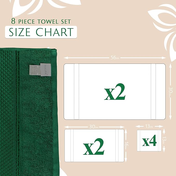 MAURA Hunter Green Bath Towel Set of 8 for Bathroom. Turkish Cotton Luxury Bath Towels. Extra Large, Thick, Plush & Soft. Hotel & Spa Quality - Dark Green