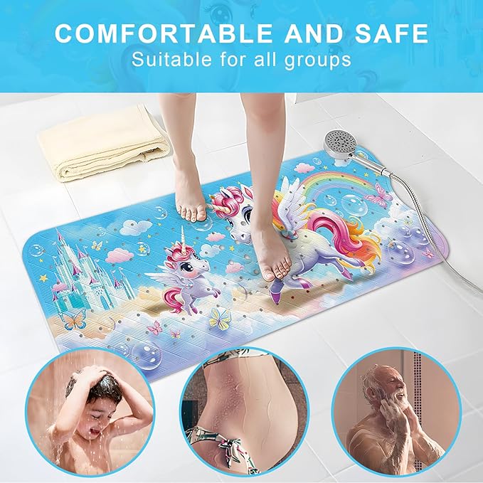 Upgrade Cartoon Baby Bath Mat Non Slip - 40"x16" Extra Long Bathtub Mat for Baby Eco Friendly Durable Bath Mat for Tub Non Slip Kids Tub Mat with Suction Cups, Machine Washable and No Fading, Unicorn