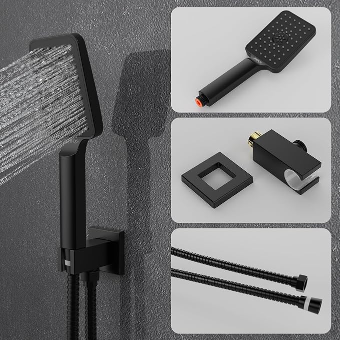 Shower System Modern Rain Brass Faucet Set With Valve and Diverter Shower Mixer With Handheld High Pressure Square Rainfall Shower Valve (12'' Wall Mount, Matte Black)