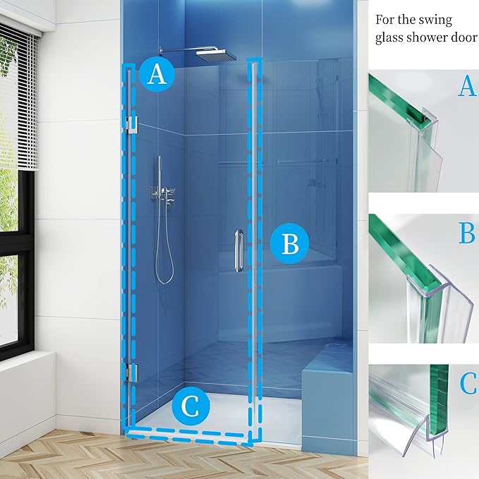Shower Door Seal Strip Kits Set of 3 Polycarbonate Include 2 PCS 76" Side Seals and 1 PCS 36" Bottom Seal for 1/2"(12mm) Thick Glass