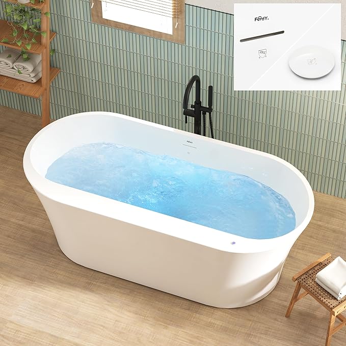 FerdY Mauritius 67 Inch Acrylic Freestanding Whirlpool Bathtub, Oval with 8 Water SPA Jets Morden White Stand Alone Jetted Tub, Luxury Acrylic Free Stand Deep Soaking Bath Tub with LED Light