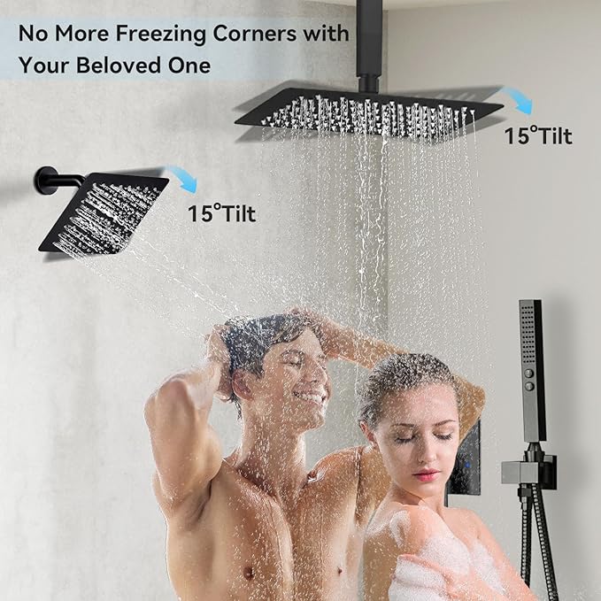 Shower Systems Matte Black Shower Faucet Sets,Bostingner Five Function Diverter Dual Head Shower Set,12'' Ceiling Mount and 6’‘ Wall Mount Rainfall Shower System with 2 in 1 Handheld Spray