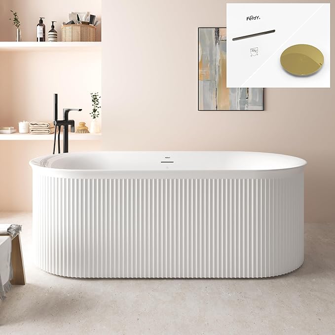 FerdY Nami 67" Acrylic Freestanding Bathtub, V Shape Freestanding Soaking Acrylic Bathtub, Modern White, cUPC Certified, Polished Gold Pop-Up Drain
