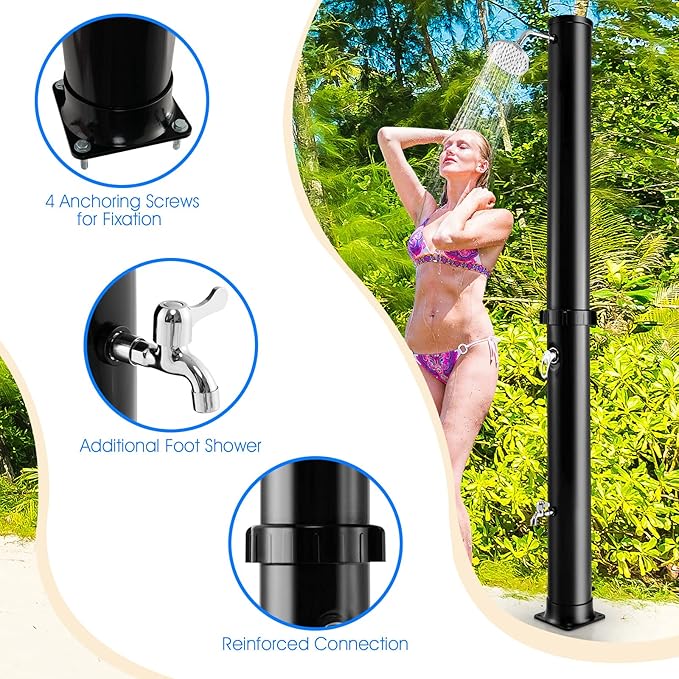 Giantex 7.2 FT 10 Gallon 2-Section Solar-Heated Outdoor Shower, Pool Shower W/Free-Rotating Shower Head, Foot Tap Spigot, Faucet, Temperature and Pressure Adjustment for Backyard, Garden, Beach Spa