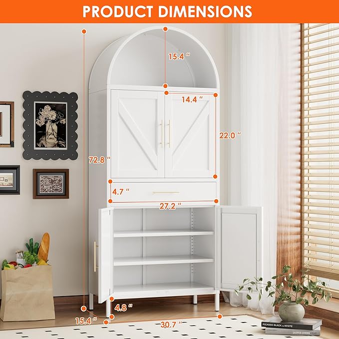73” Kitchen Pantry Cabinet with 1 Drawer, Arched Storage Cabinet with Doors and Adjustable Shelves, Tall Freestanding Cupboard for Kitchen,Living Room, Bathroom, White