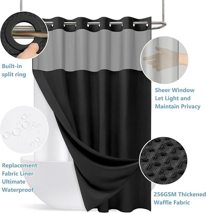No Hook Waffle Weave Shower Curtain Set with Snap-in Fabric Liner and Mesh Top Window,256GSM Heavy Duty Fabric,Black Washable Luxury Shower Curtain for Bathroom Stalls (72x75 Inch)