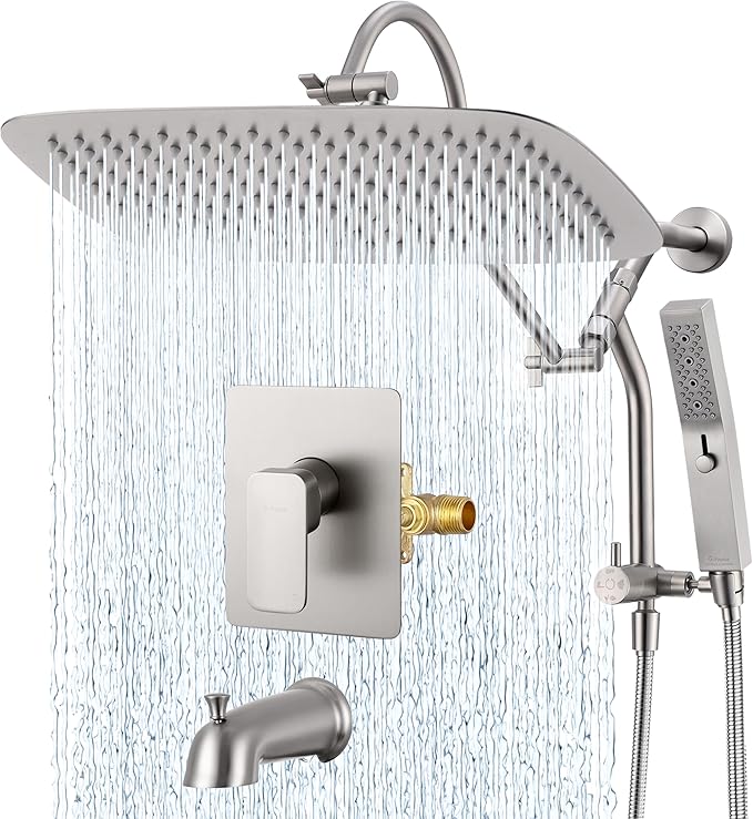 G-Promise 14 Inches Shower faucet Sets Complete, All Metal Rainfall Shower Head and Handle Set, Extended Downward Diverter, Extension Arm Pressure Balance Rough-in Valve and Tub Spout Included