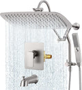 G-Promise 14 Inches Shower faucet Sets Complete, All Metal Rainfall Shower Head and Handle Set, Extended Downward Diverter, Extension Arm Pressure Balance Rough-in Valve and Tub Spout Included