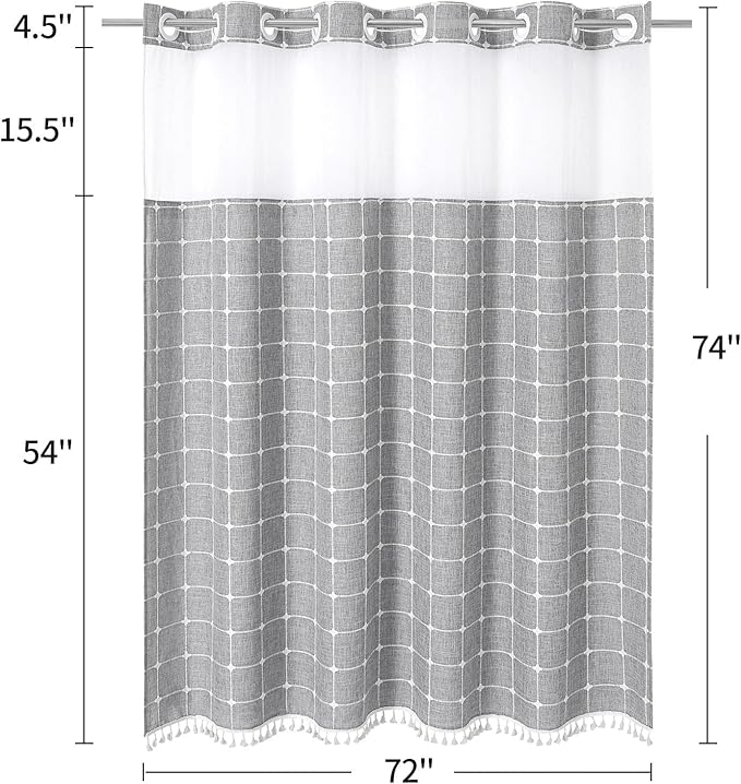 MitoVilla No Hooks Required Farmhouse Shower Curtain with Snap-in Liner - with Window & Magnets, Boho Cotton Linen Fabric Shower Curtains with Tassels for Rustic Bathroom Decor, Grey, 72 x 74