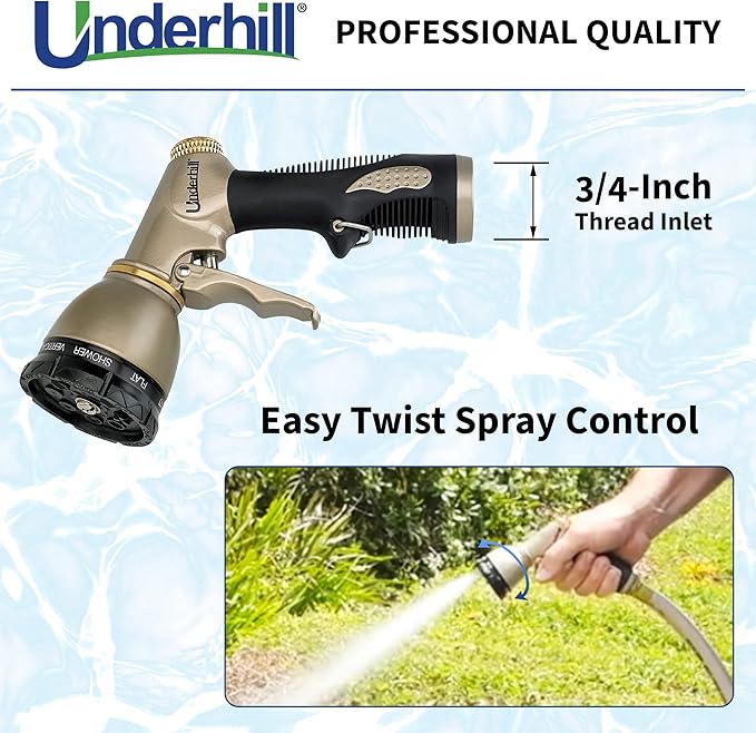 Underhill Pattern Master Gold Series Garden Water Hose Nozzle Sprayer Head, 3/4-Inch Thread Inlet, Jet Attachment 8 Spray Patterns, NG200-8S