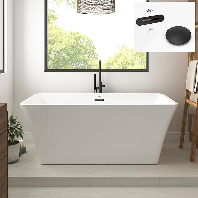 FerdY Sentosa 59" Acrylic Freestanding Bathtub, Contemporary Design Soaking Tub with Matte Black Drain and Minimalist Linear Design Overflow, Easy to Install