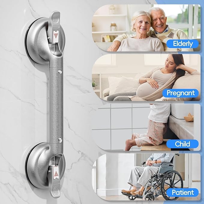 SPECILITE 17 Inch Grab Bars for Bathtubs and Showers, Seniors Handles for Elderly Strong Suction Handicap Safety Handrail for Bathroom Toilet Tiles Glass Gray Silver