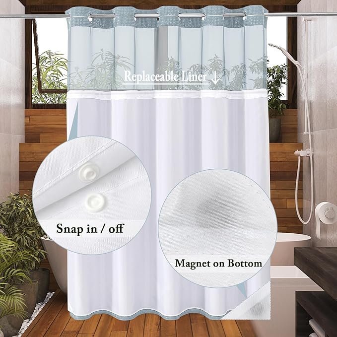 Gibelle No Hook Waffle Weave Shower Curtain with Snap-in Fabric Liner Set for Bathroom, Hotel Style with Mesh Top Window, Waterproof & Washable, Fog Blue, 72x74
