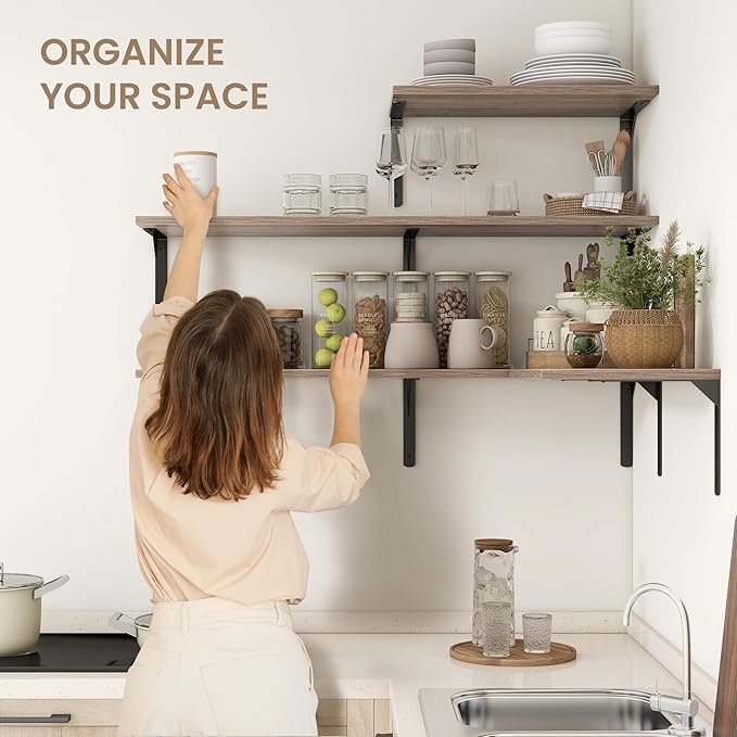 Fun Memories Floating Shelves for Wall, 12 Inch Deep Floating Shelves Set of 2, Wall Mounted Shelf with Metal Brackets, Rustic Wood Wide Shelf for Bathroom, Kitchen and Living Room, Grey, 55W x 12D
