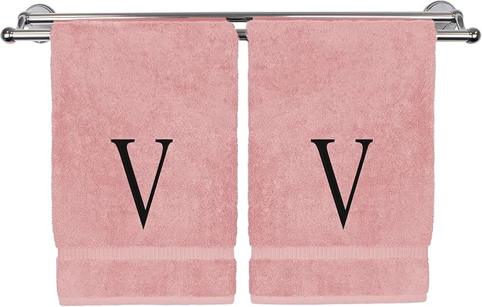 Monogrammed Hand Towel, Personalized Initial Gift, Extra Absorbent 100% Turkish Cotton - Soft Terry Finish - Set of 2 - Black Block Initial V - Embroidered on Pink Towels