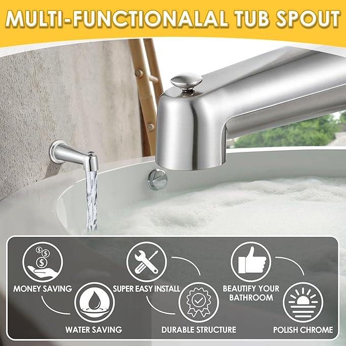 Enhon 7 Inch Slip on Tub Spout with Diverter, Compatible with Moen 3839/Moen 3853, Bathtub Diverter Spout Fits 1/2" Copper Water Tube(5/8" Diameter), 5/32" Hex Wrench (Brushed Nickel,Cover Ring)