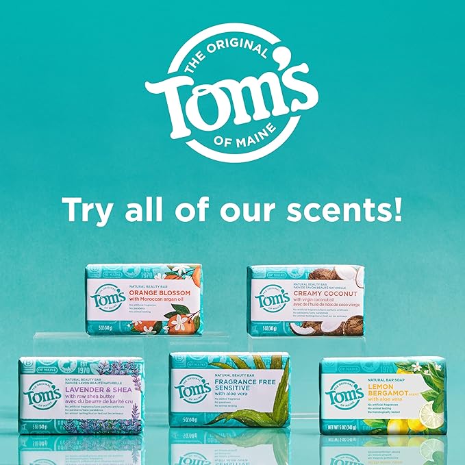 Tom’s of Maine Natural Bar Soap Variety Pack, Lavender & Shea, Creamy Coconut, Orange Blossom, Lemon Bergamot, Dermatologically Tested, Paraben Free, Vegan, 4 Count