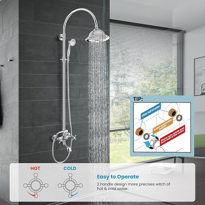 gotonovo Bathroom Classic Exposed Shower Faucet Wall Mount Shower System 8 Inch Luxurious Rainfall Shower Head Set with Tub Spout and Handheld Spray Double Cross Handles Polished Chrome