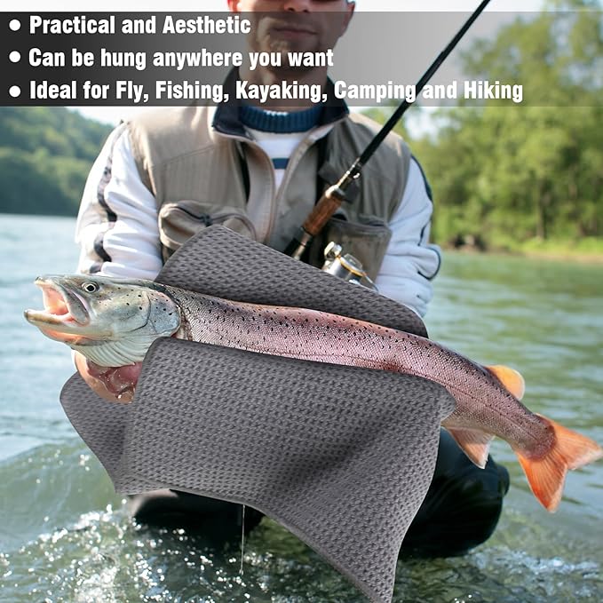 3 Pack Microfiber Fishing Towels with Clip, 16" X 16", Waffle Pattern for Effective Cleaning of Fishing Gears or Dirty Hands, Perfect for Camping Towels and Hiking Towles, Grey/Blue/Black