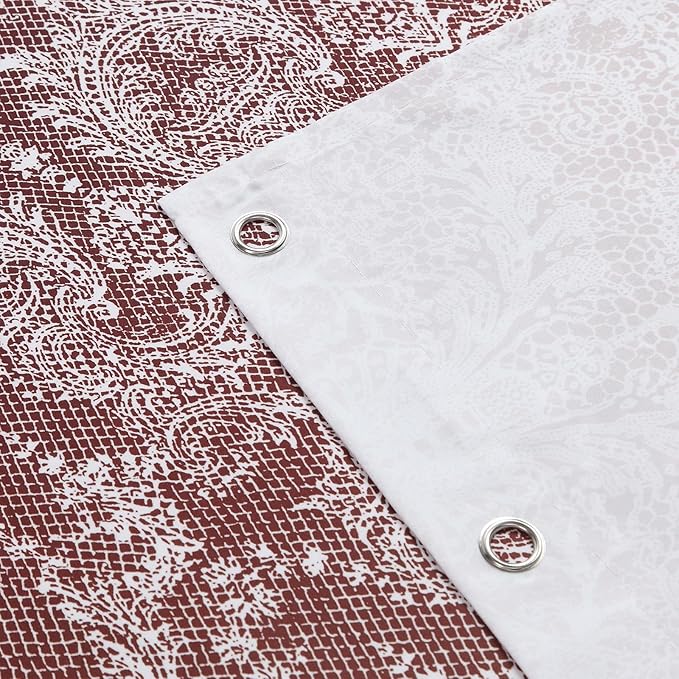 Extra Long Shower Curtain - Chantilly Lace Design, Heavyweight Polyester, Burgundy to White Ombre, 72" W x 84" H