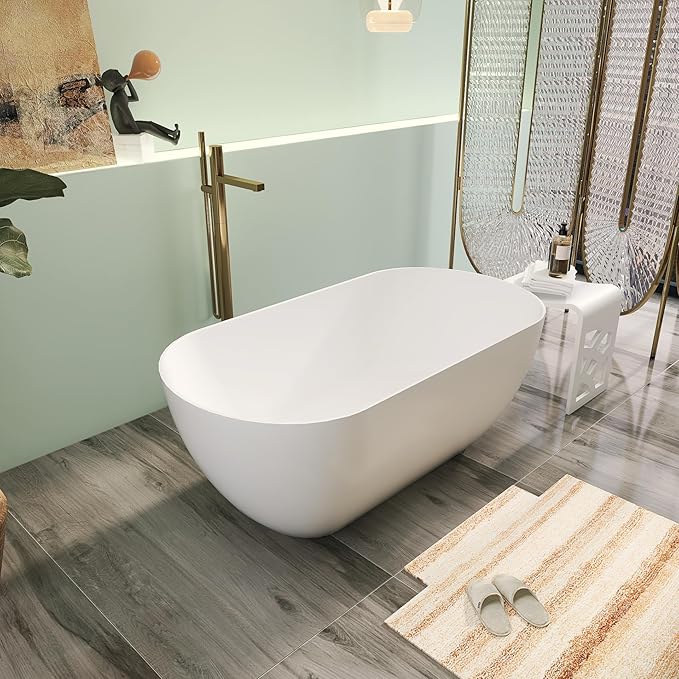 Premium 51" Solid Surface Freestanding Bathtubs, Upgraded Oval Stone Resin Tub with Overflow and Pop-up Drain, Matte White