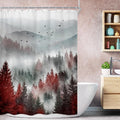 Riyidecor Red Black Mountain Shower Curtain 48Wx72H Inch,Stall Narrow Rv Small Nature Woods,Rustic Landscape Scenery Pine Tree Woodland Cool Bathroom Decor Fabric Polyester Waterproof 12 Pack Hooks
