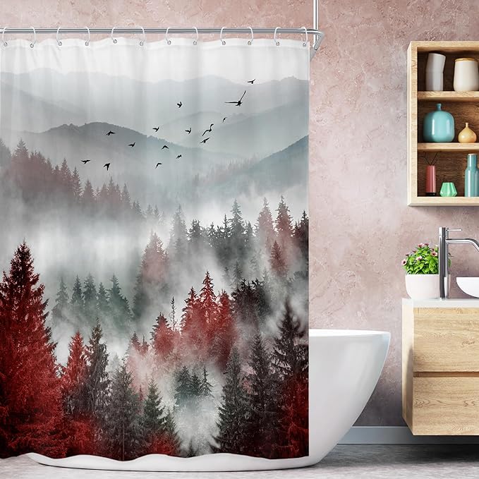 Riyidecor Red Black Mountain Shower Curtain 48Wx72H Inch,Stall Narrow Rv Small Nature Woods,Rustic Landscape Scenery Pine Tree Woodland Cool Bathroom Decor Fabric Polyester Waterproof 12 Pack Hooks