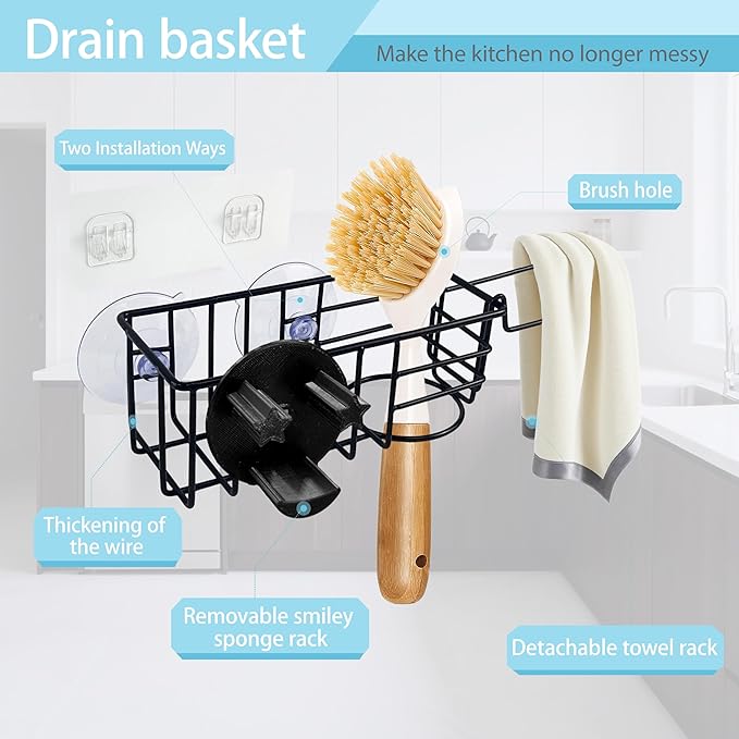 Sponge Holder Smile Face with Dish Cloth Hanger for Kitchen Sink, In-sink Caddy Organizer with Suction Cups & Adhesive Strips, Rustproof Sponge Rack for Soap, Brush, Scrubber - Black（2 Pack）